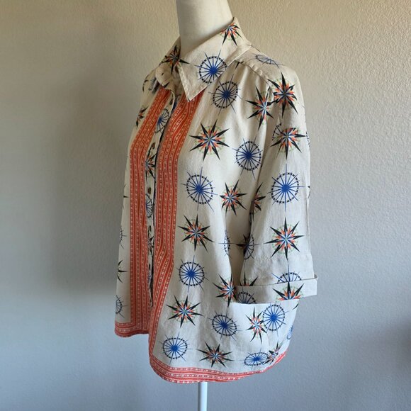 Anthropologie Compass Button Shirt Linen Blend Short Sleeve Oversized Boxy XXS - Picture 3 of 8